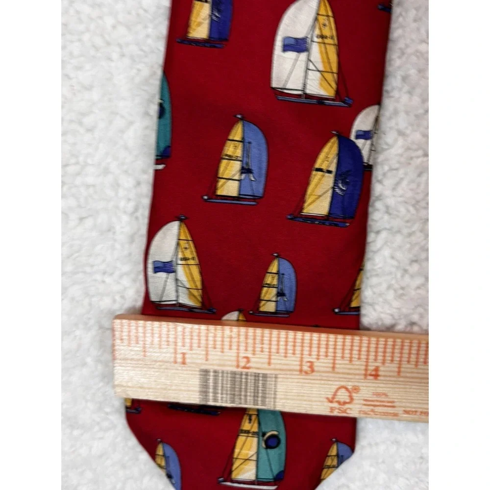 Lands' End Sailboat Silk Tie Mens Red Blue Yellow Nautical Made in USA Excellent